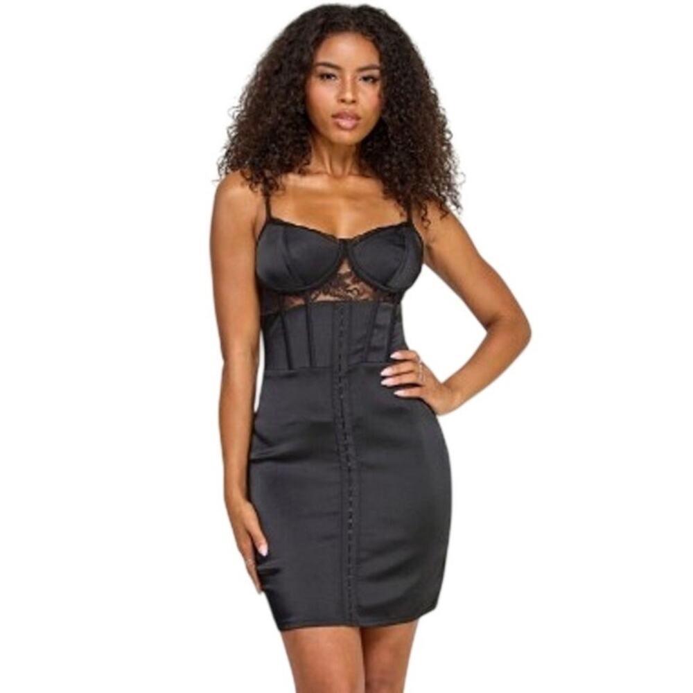 Katia Rae Corset Mini Dress XL Black Satin Bodycon Lace Bust NWT